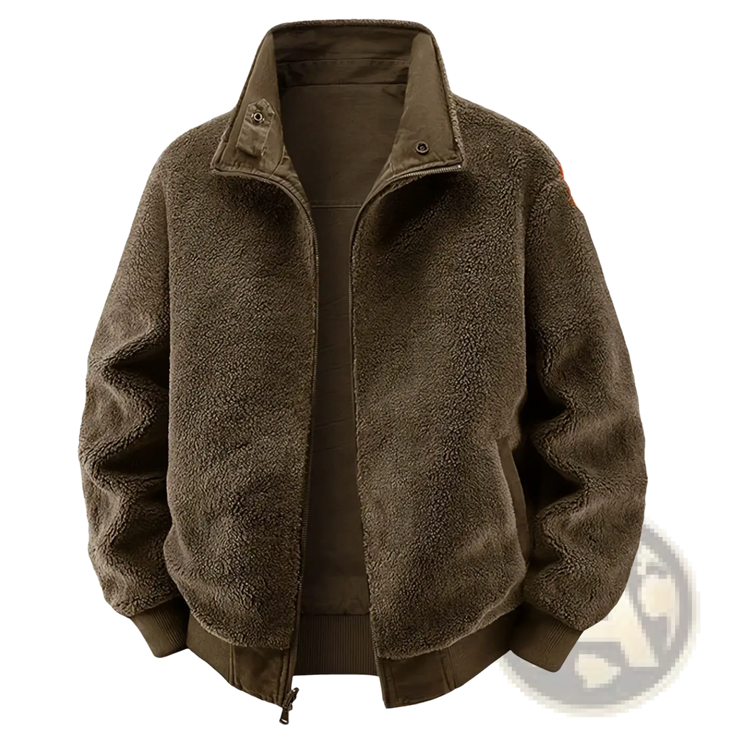Men’s olive green fleece bomber jacket with high collar ribbed cuffs and warm fleece lining for winter wear