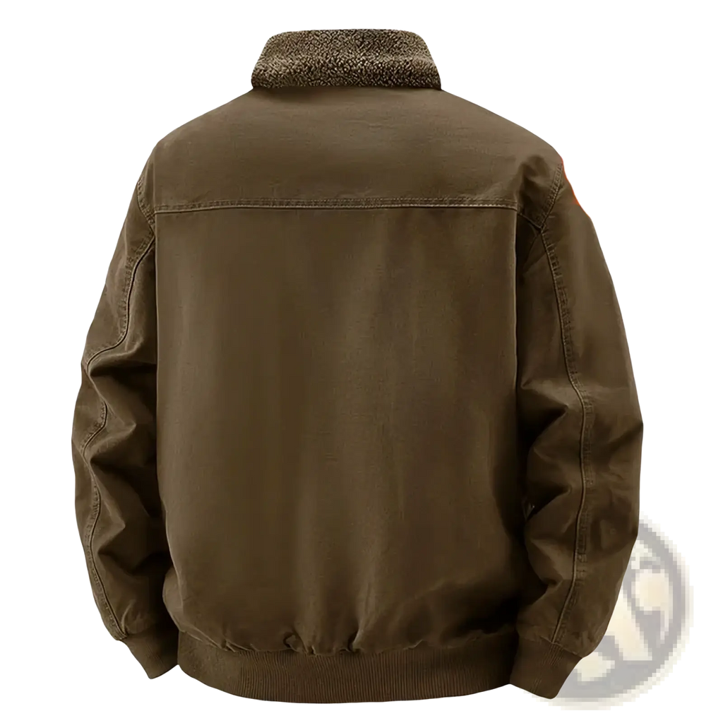 Men’s olive green fleece bomber jacket with shearling lining, plush textured collar, and ribbed cuffs for winter warmth