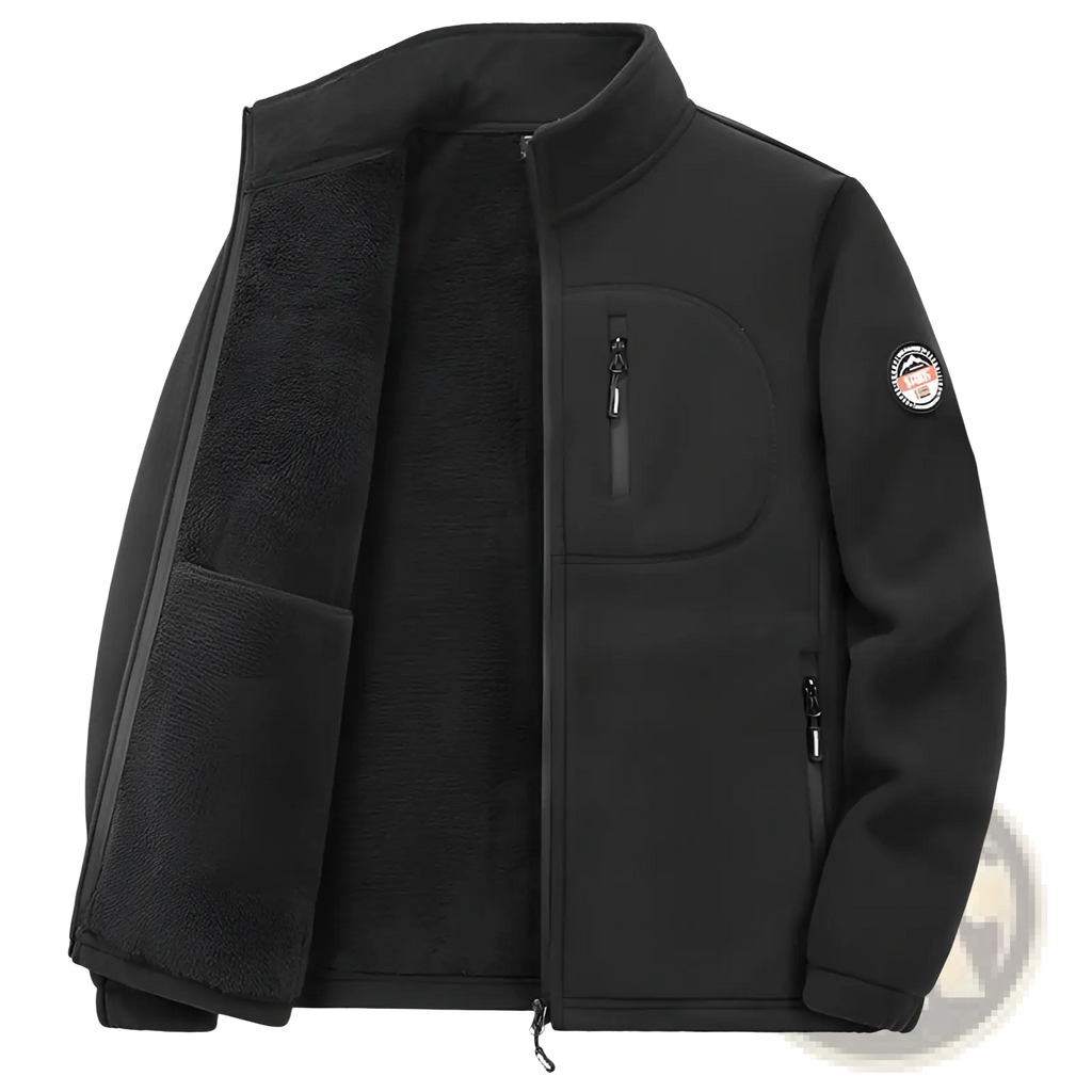 Black mens fleece casual multipocket winter jacket with plush interior lining and zippered pockets for warmth and convenience