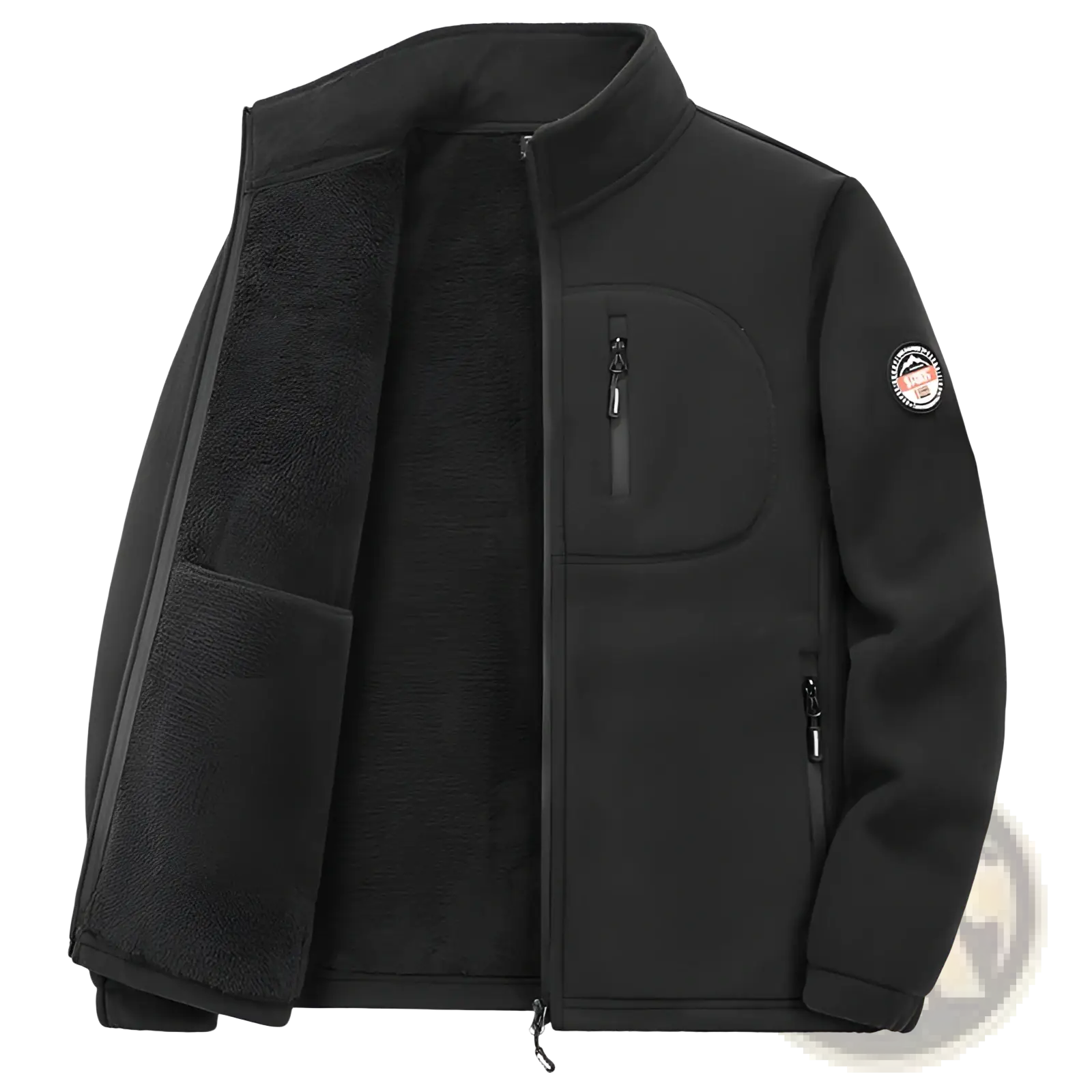 Black mens fleece casual multipocket winter jacket with plush interior lining and zippered pockets for warmth and convenience