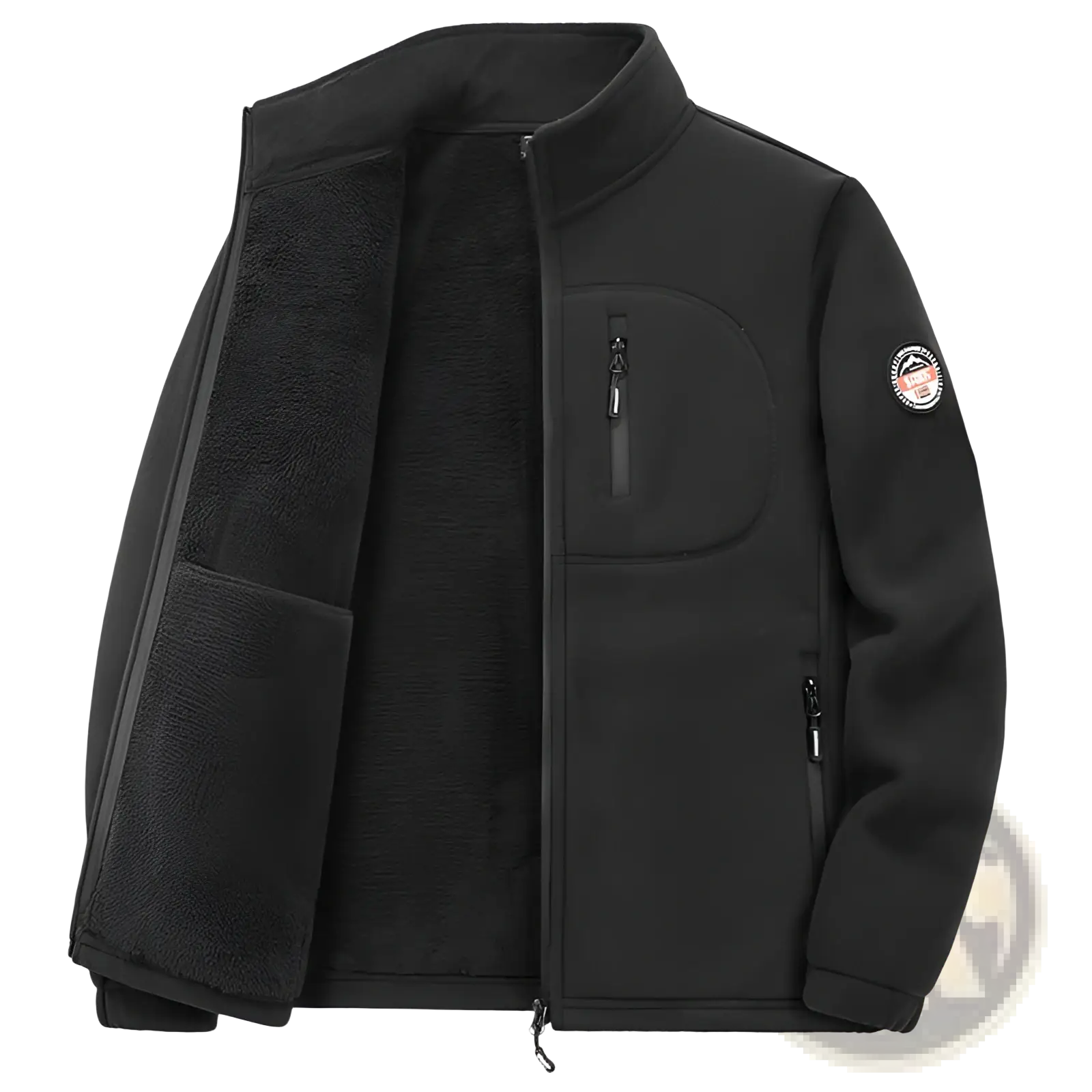 Mens black fleece casual winter jacket with plush inner lining and zippered multipocket design for cold weather use
