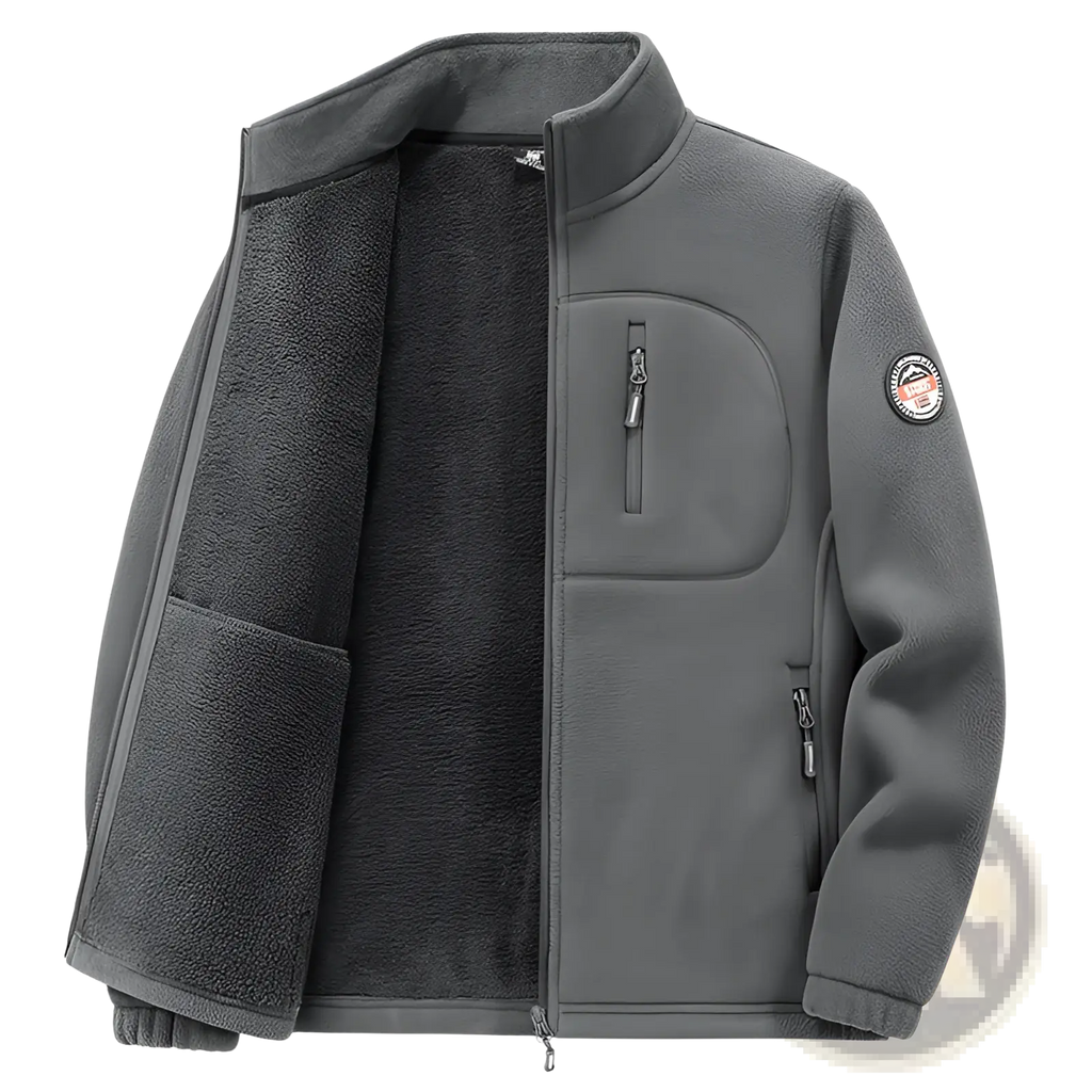 Mens fleece casual multipocket winter jacket in dark gray with high collar front zipper and zippered pockets