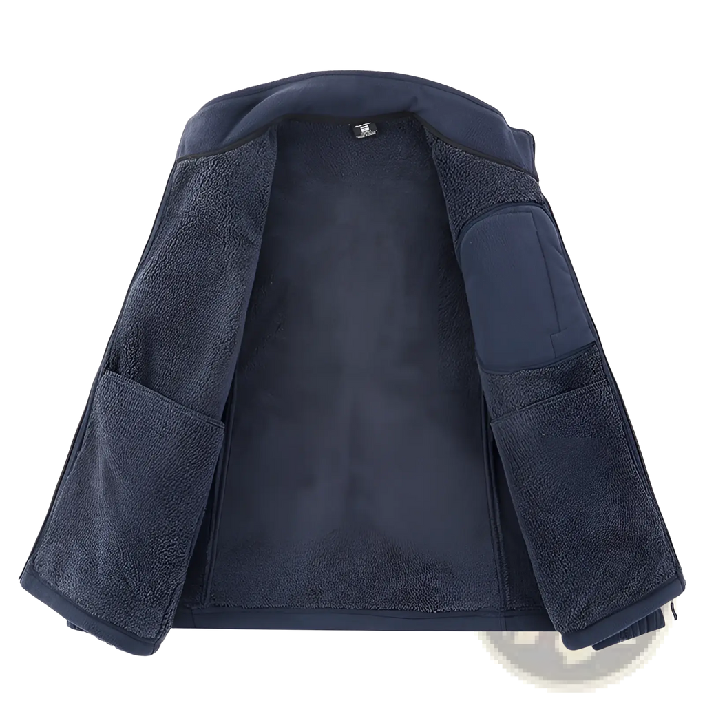 Mens fleece casual multipocket winter jacket in dark navy with plush textured interior and reinforced patch pockets