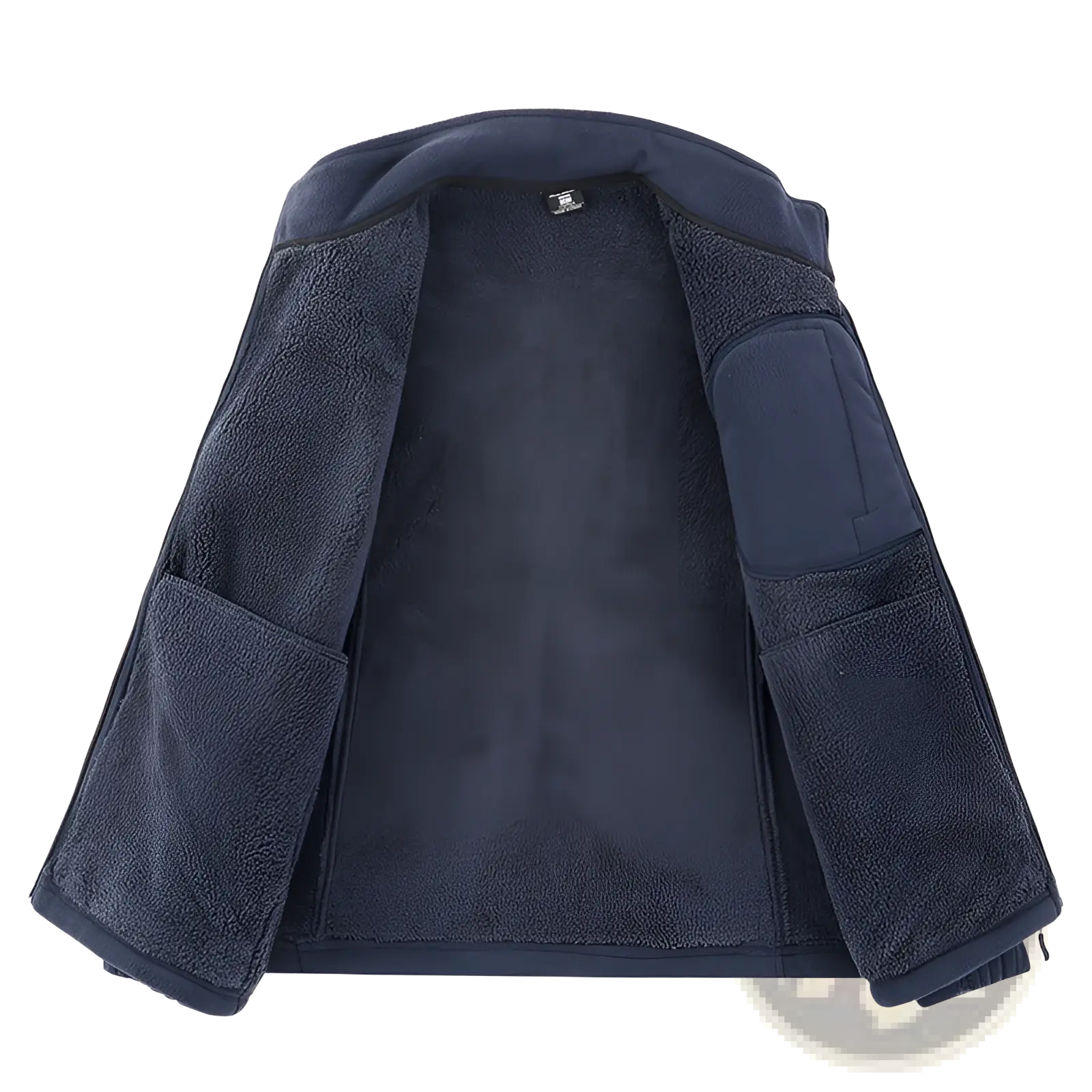 Mens fleece casual multipocket winter jacket in dark navy with plush textured interior and reinforced patch pockets