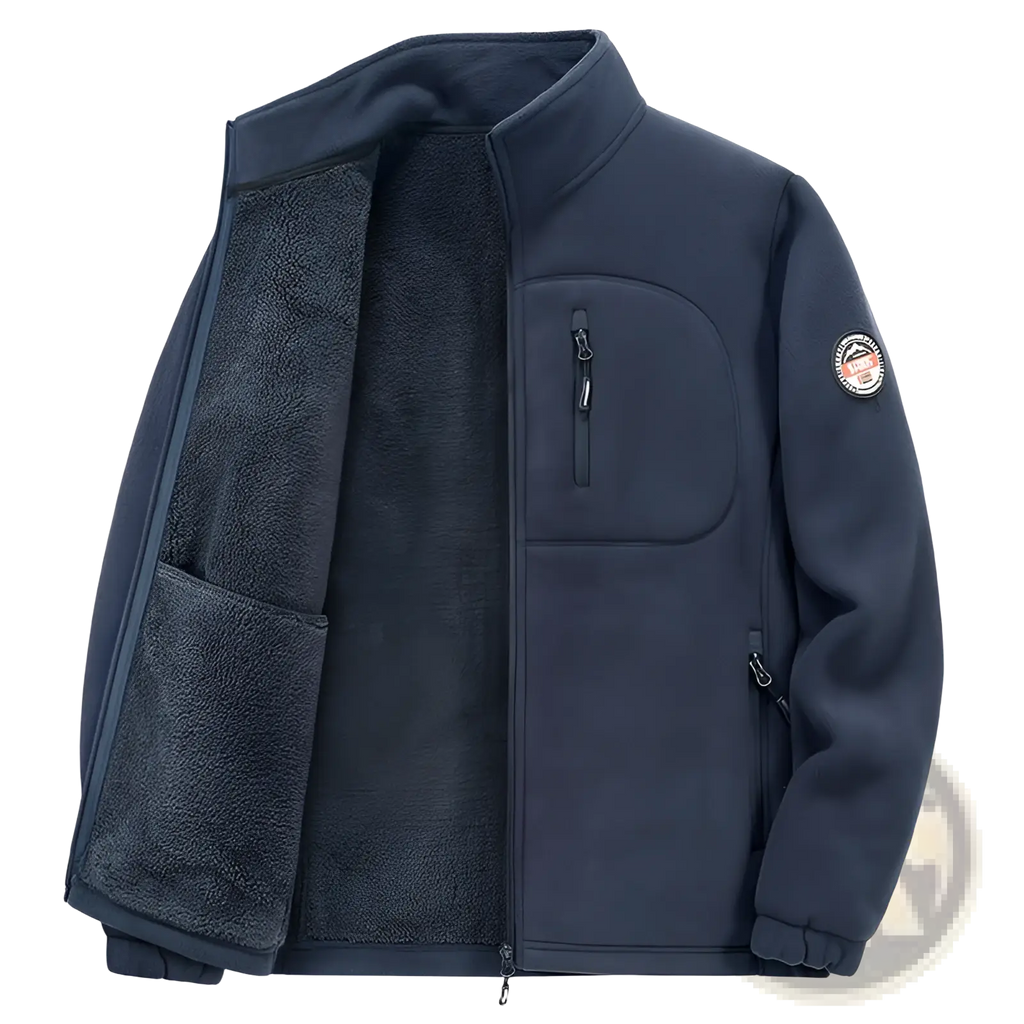 Mens fleece casual multipocket winter jacket in dark navy blue with plush interior and circular sleeve logo patch