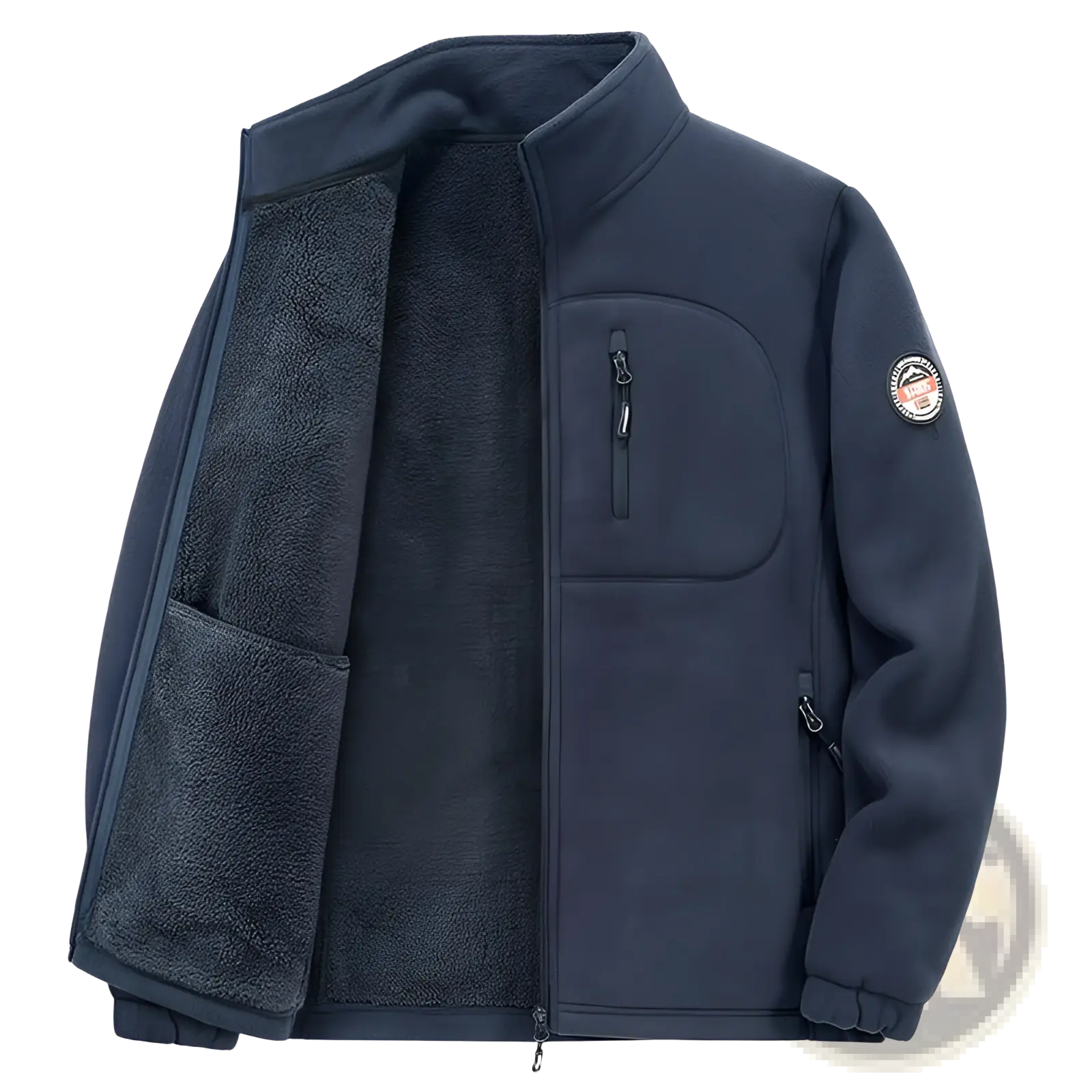 Mens fleece casual multipocket winter jacket in dark navy blue with plush interior and circular sleeve logo patch