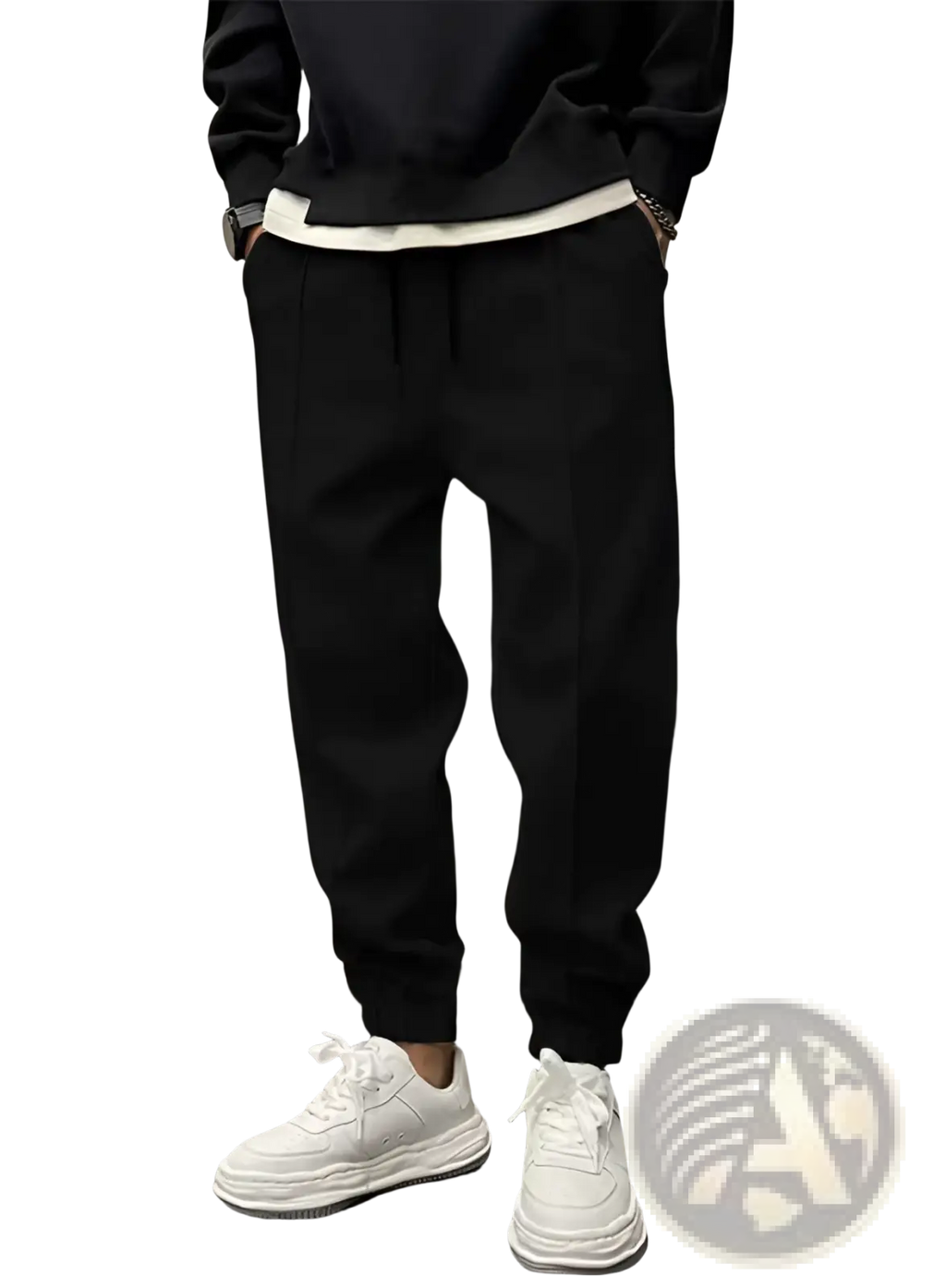 Men’s black fleece tapered jogger pants with white inner waistband and drawstring closure for casual wear