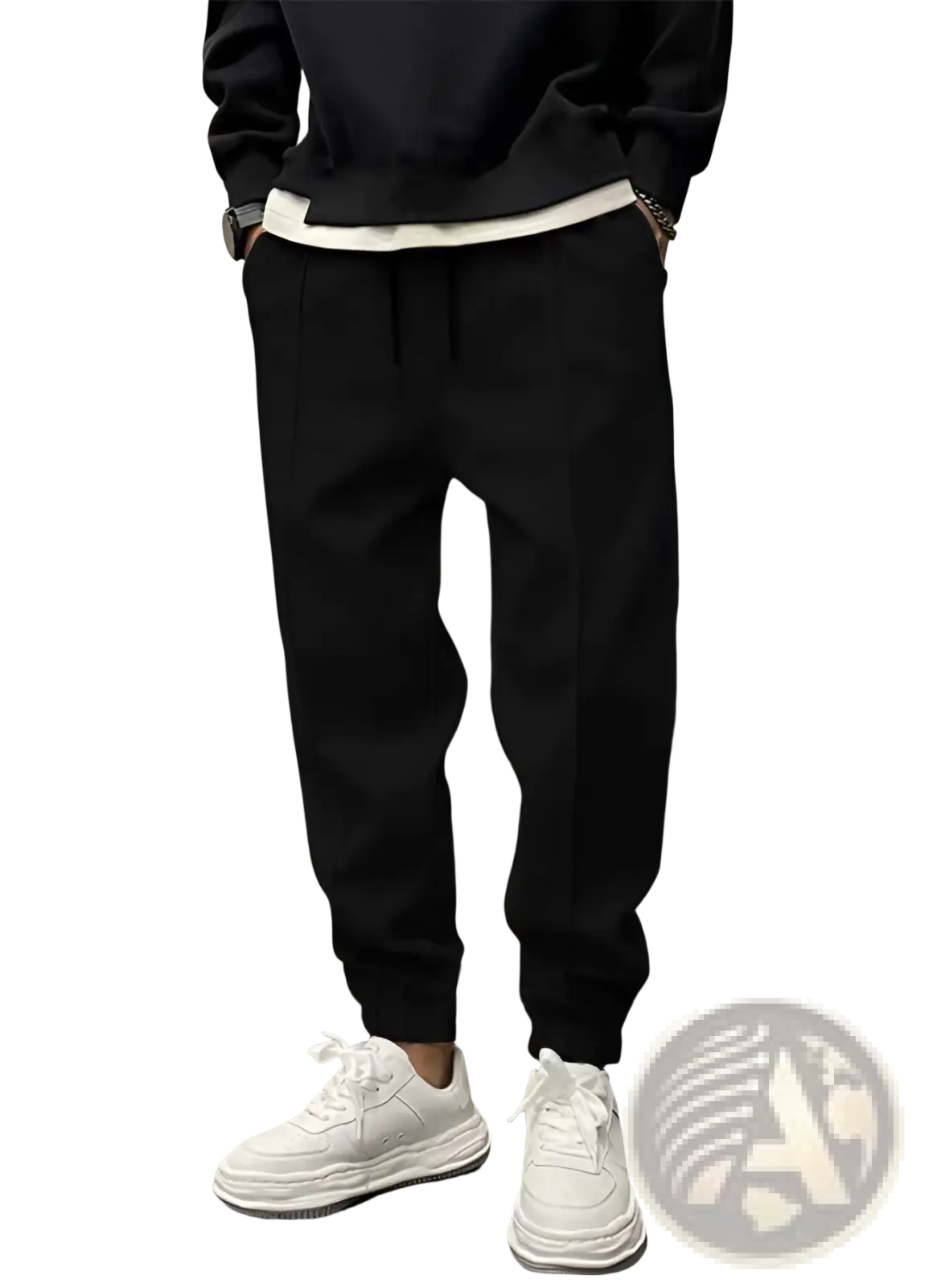 Men’s black fleece tapered jogger pants with white inner waistband and drawstring closure for casual wear
