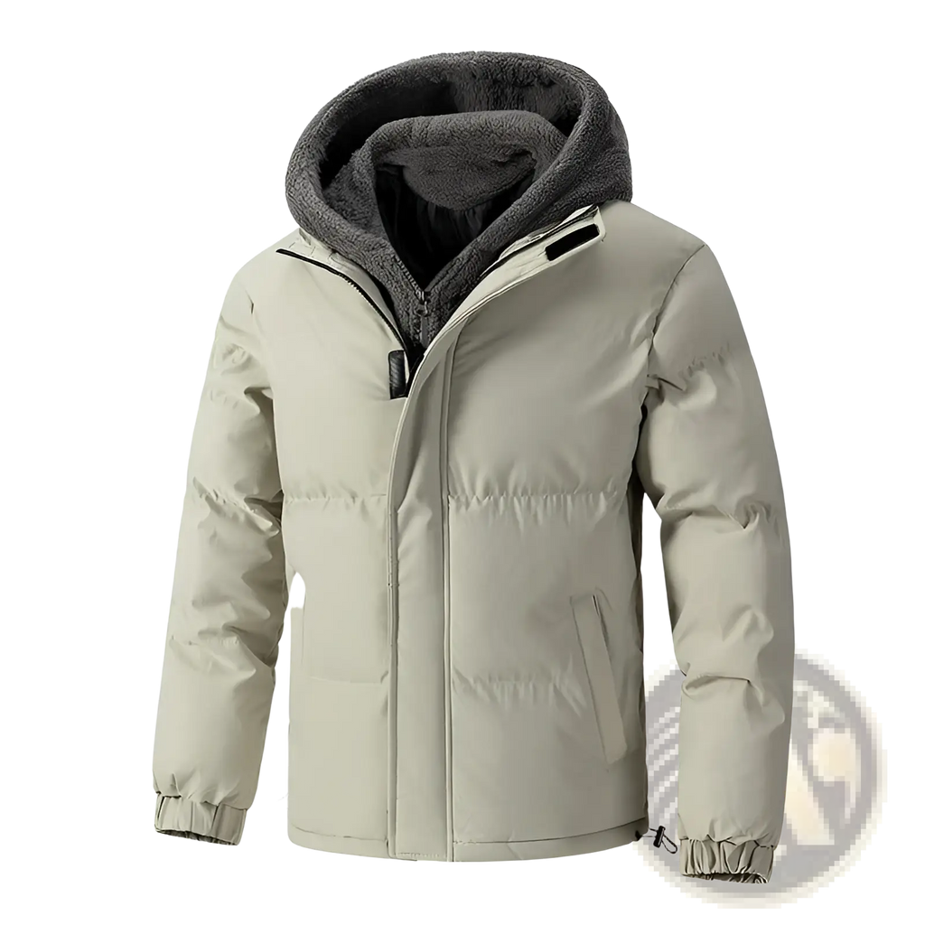 Men’s beige fleece hooded quilted puffer jacket with plush gray-lined hood and drawstring cuffs