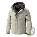 Men’s beige fleece hooded quilted puffer jacket with plush gray-lined hood and drawstring cuffs