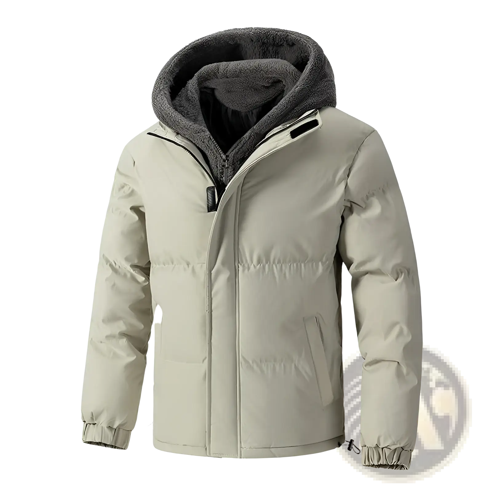 Men’s beige fleece hooded quilted puffer jacket with plush gray-lined hood and drawstring cuffs