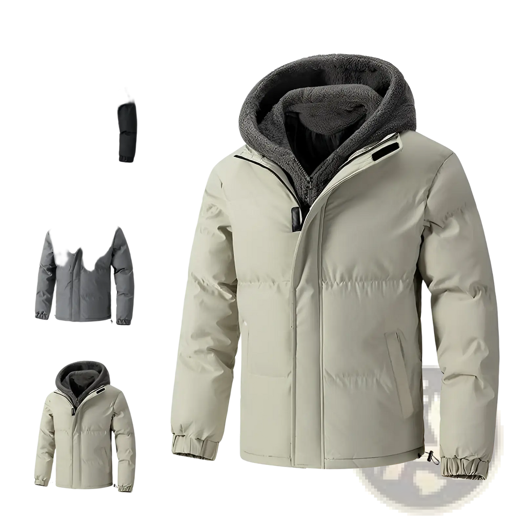 Men’s fleece hooded quilted puffer jacket in beige with plush gray-lined hood and insulated design for warmth