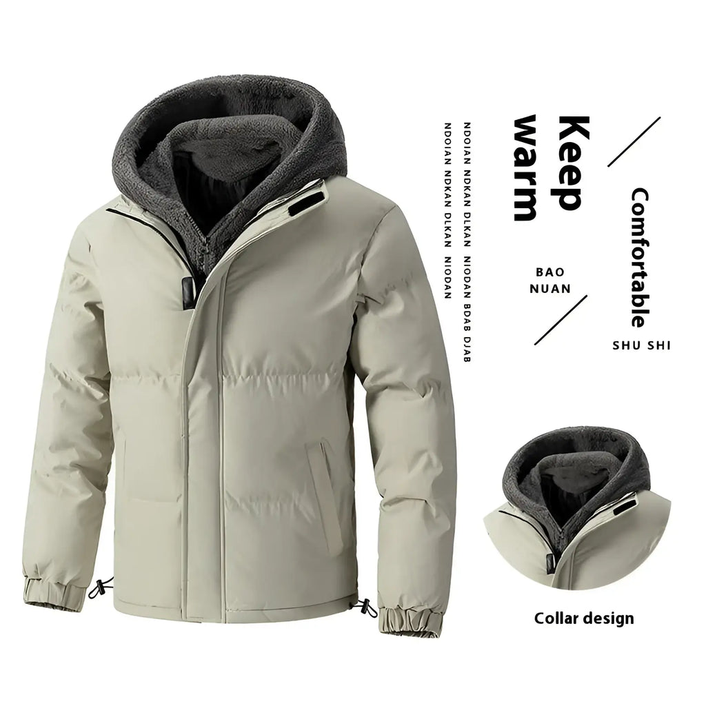 Men’s beige fleece hooded quilted puffer jacket with plush gray fleece-lined hood and elastic cuffs