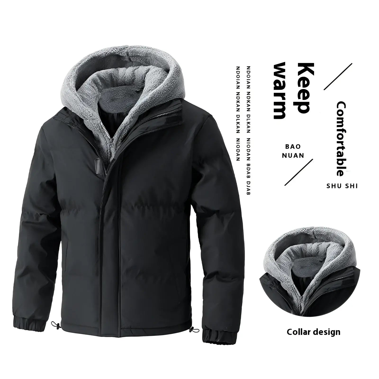 Men’s black fleece hooded quilted puffer jacket with plush gray fleece-lined hood for warmth and style