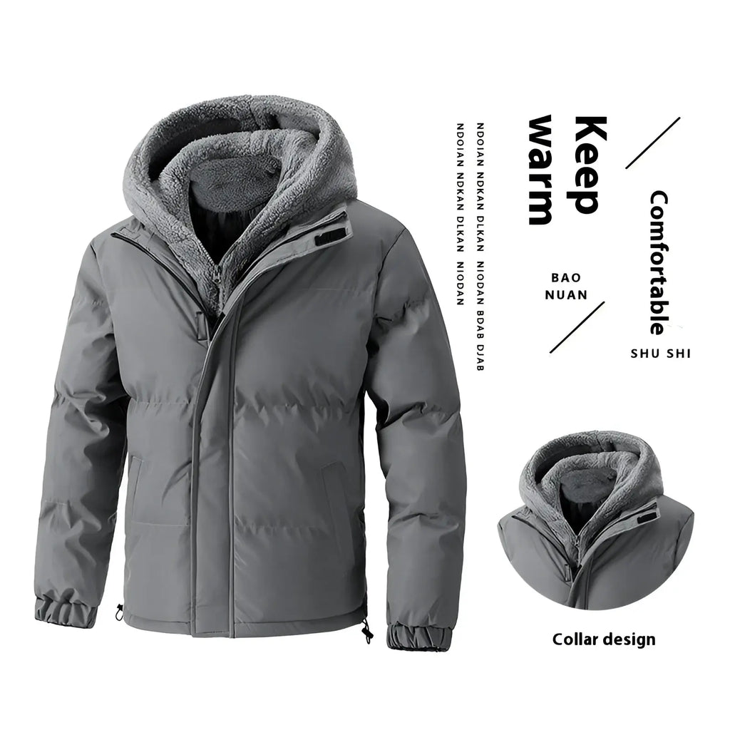 Men’s gray fleece hooded quilted puffer jacket featuring a plush fleece-lined hood and insulated design