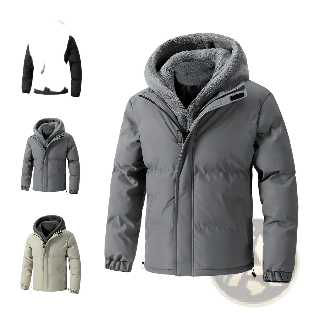 Men’s gray fleece hooded quilted puffer jacket with plush fleece-lined hood for warmth and style