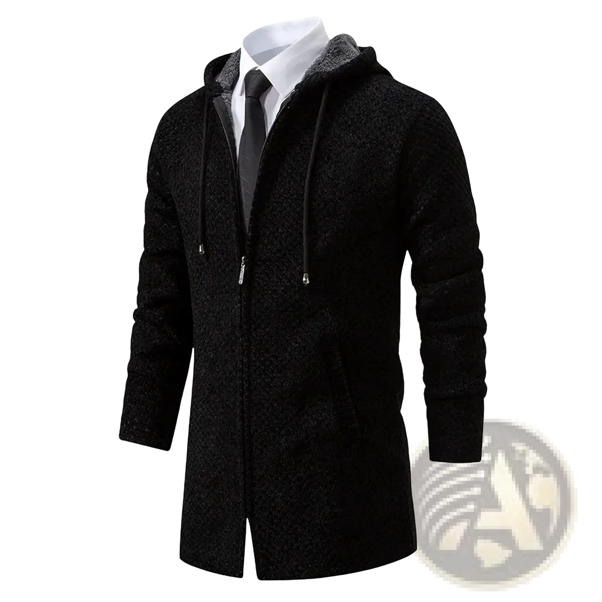 Mens fleece hooded trench coat in black textured fabric with cozy gray fleece lining and front zipper closure