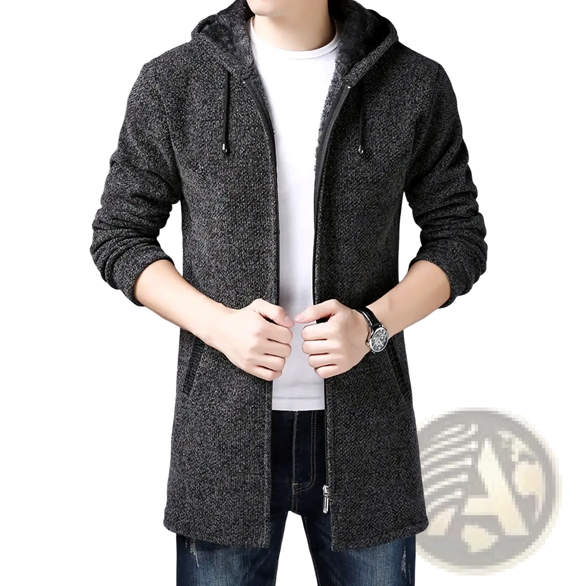 Mens fleece hooded trench coat in dark gray textured knit with plush interior lining and front zipper closure