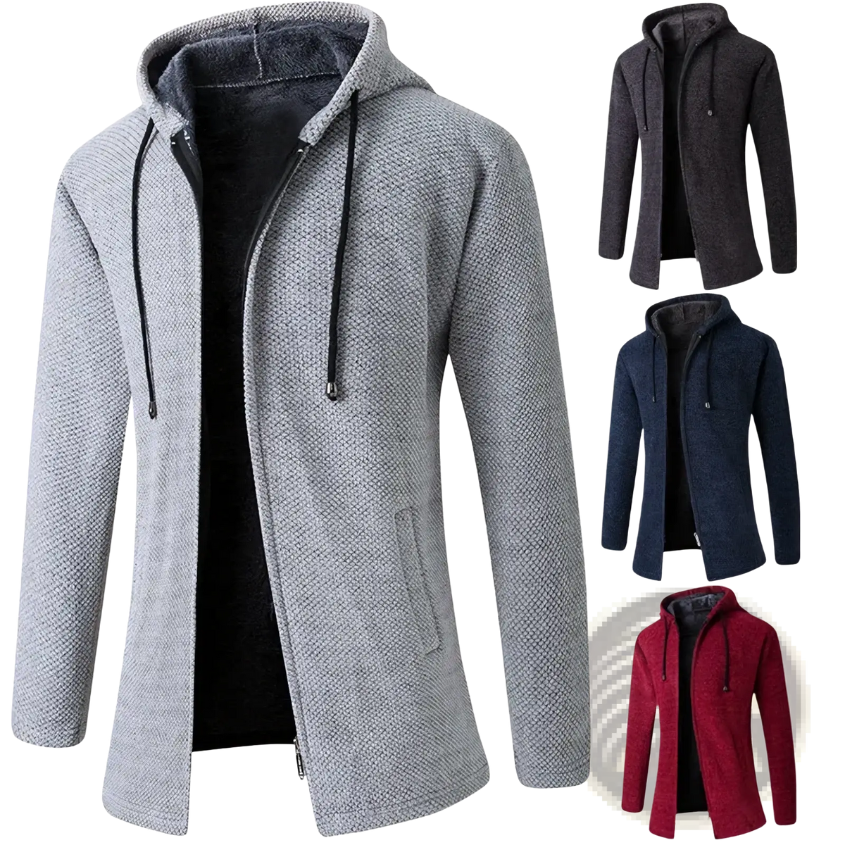 Mens fleece hooded trench coat in gray textured knit with black drawstrings and plush inner lining for warmth