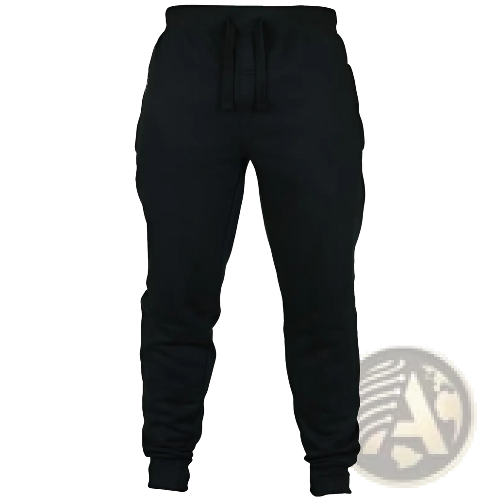 Men’s black fleece jogger pants with drawstring waistband and ribbed cuffs for casual comfort