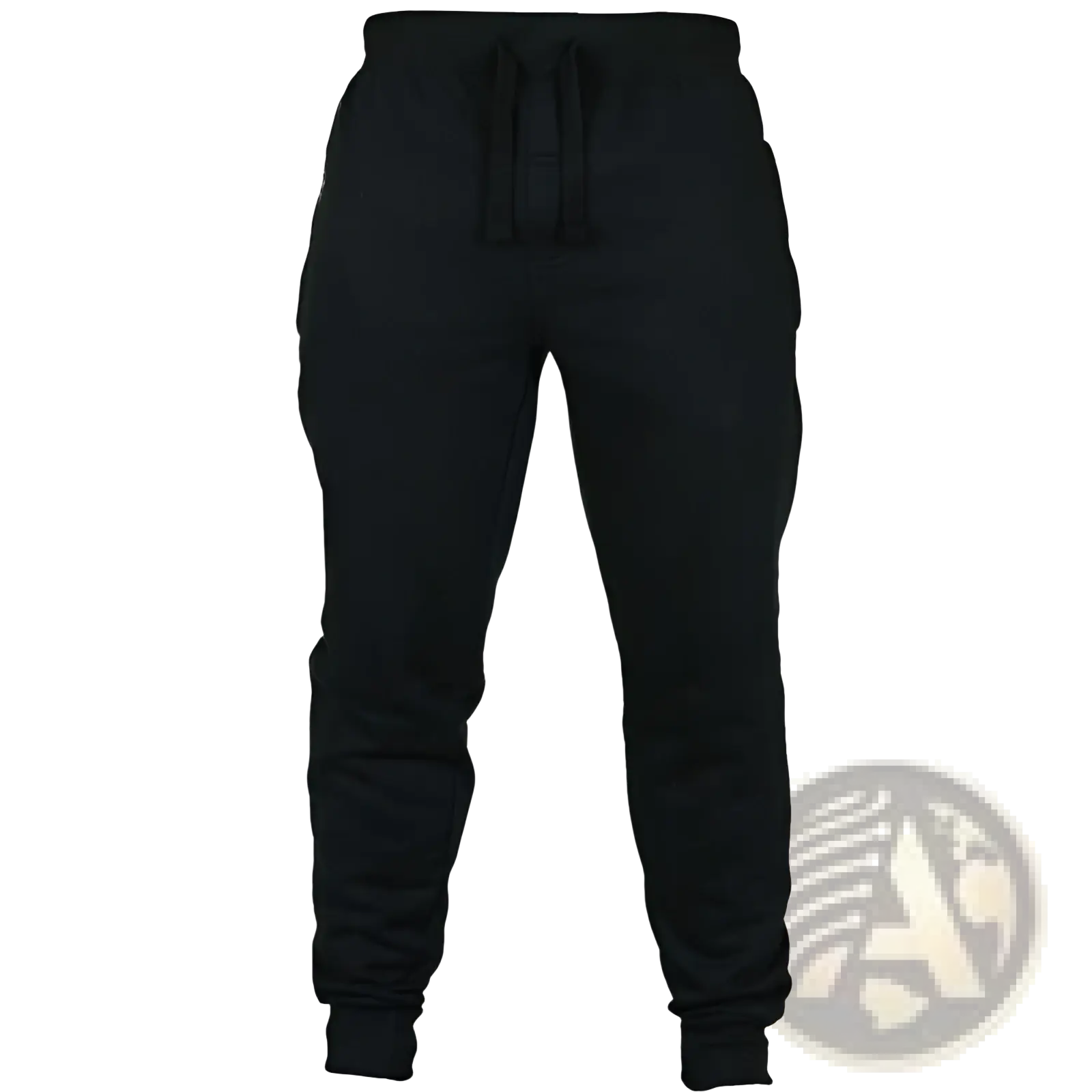 Men’s black fleece jogger pants with drawstring waistband and ribbed cuffs for casual comfort