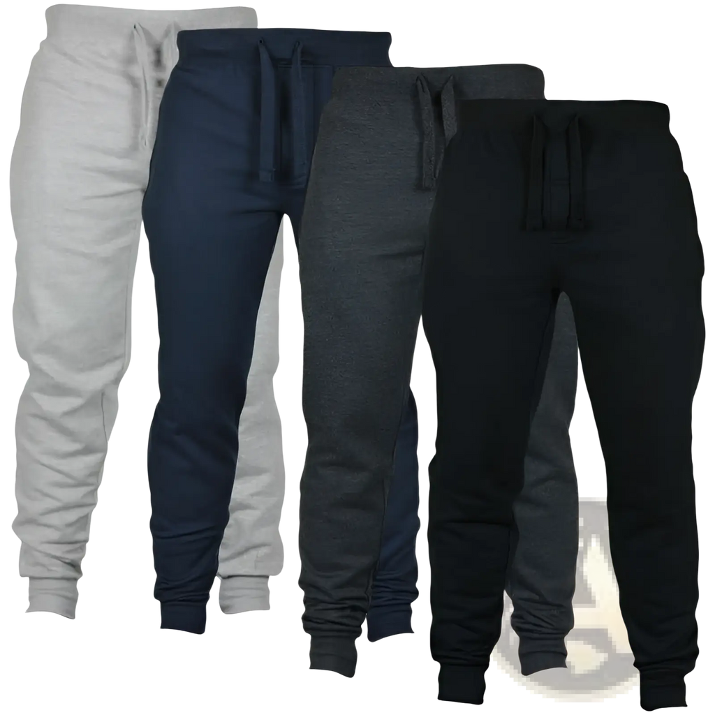 Four pairs of men’s fleece jogger pants in heather gray navy blue dark charcoal and solid black with drawstring
