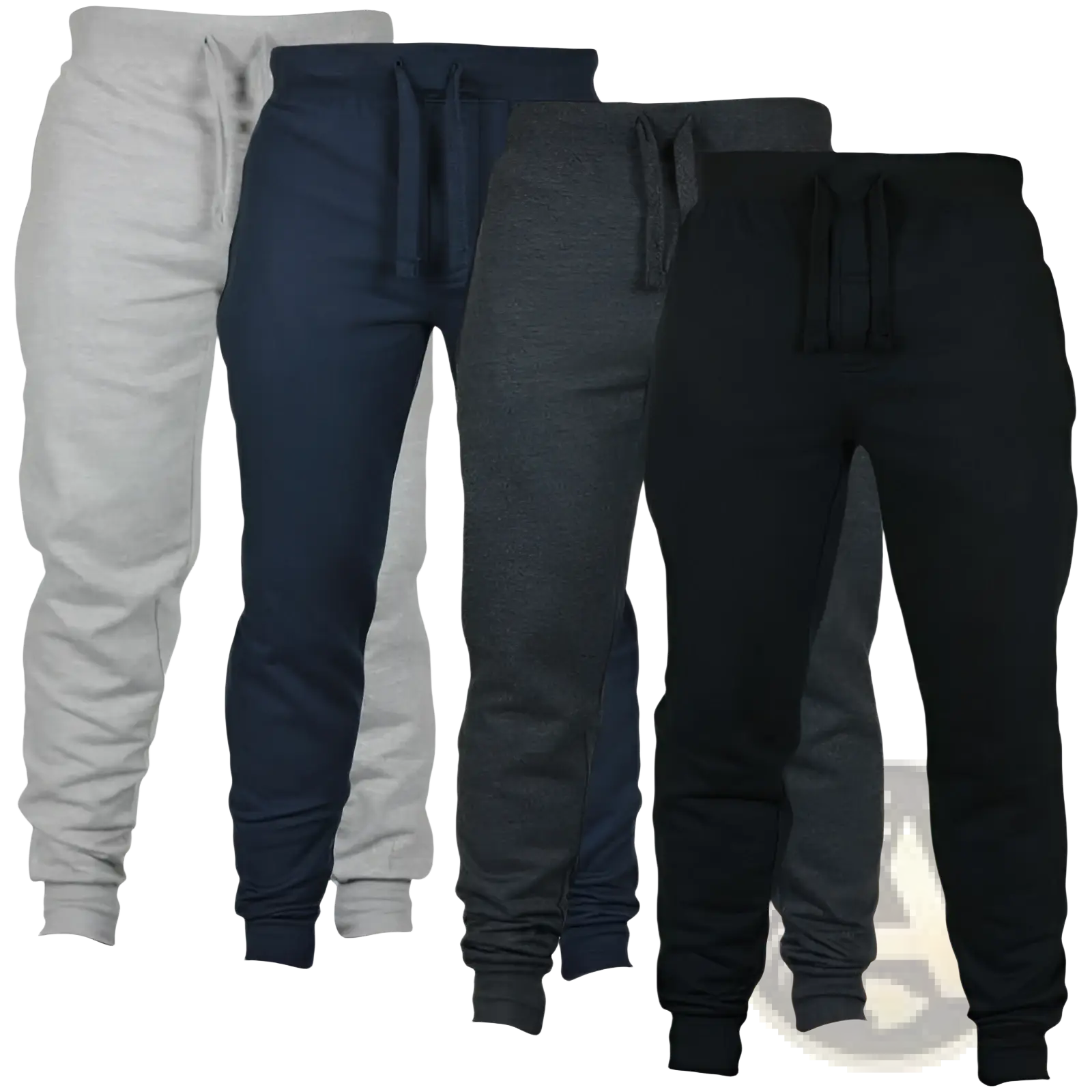 Four pairs of men’s fleece jogger pants in heather gray navy blue dark charcoal and solid black with drawstring