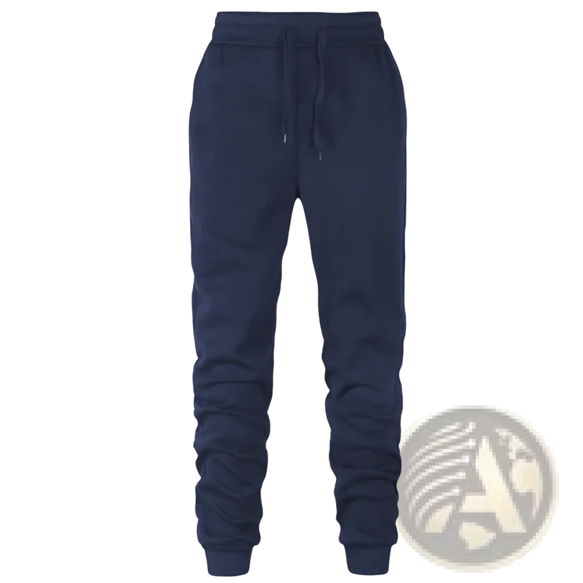 Men’s navy blue fleece jogger sweatpants with soft fleece material and elastic drawstring waistband for athletic use