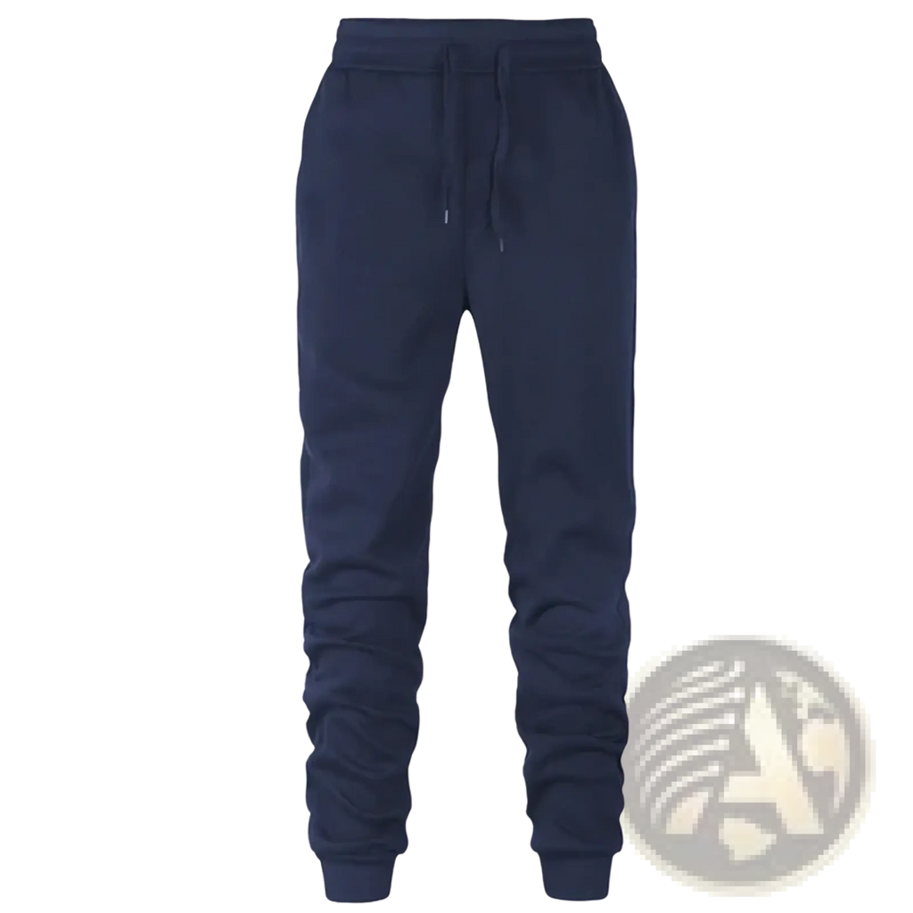 Men’s fleece jogger sweatpants in navy blue with soft fleece material and elastic drawstring waistband for athletic use