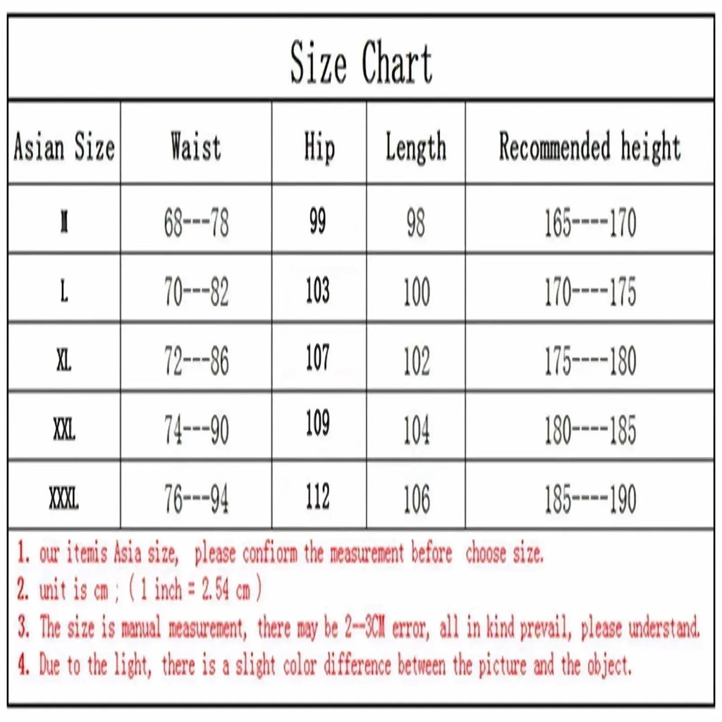 Size chart for men’s fleece jogger sweatpants showing waist hip length and height ranges in asian sizes m to xxxl