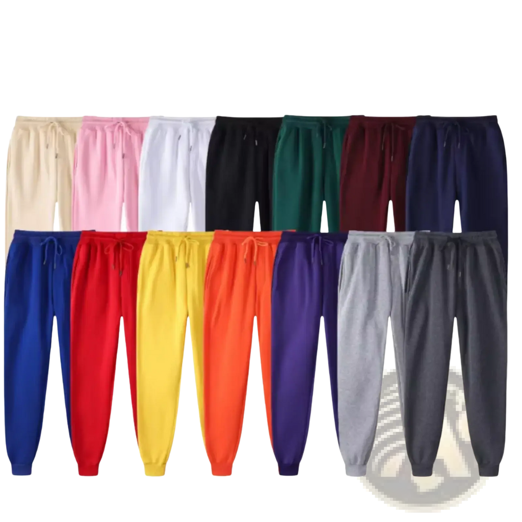 Mens fleece joggers casual winter sweatpants in various solid colors made from soft cotton for comfortable wear