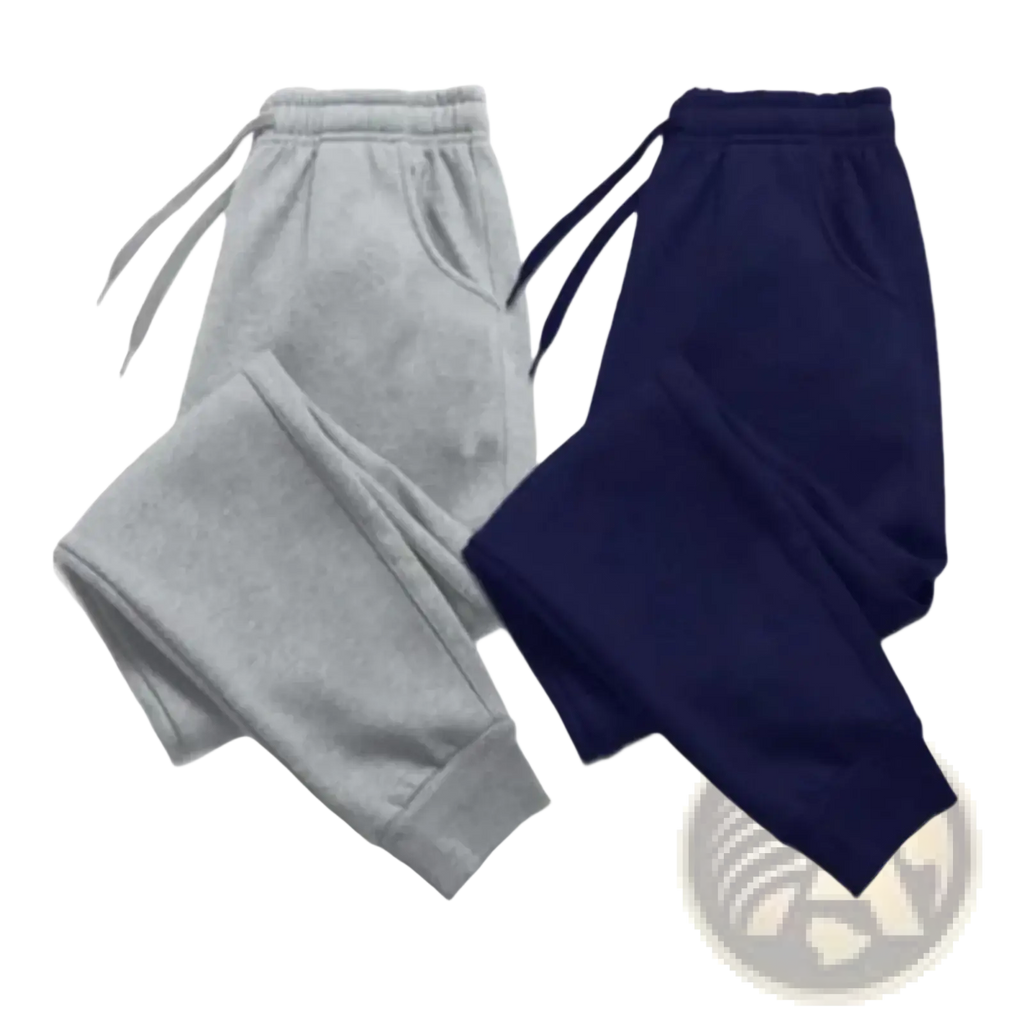 Mens fleece joggers casual winter sweatpants in gray and navy blue with elastic waistbands, drawstrings, pockets, and ribbed cuffs