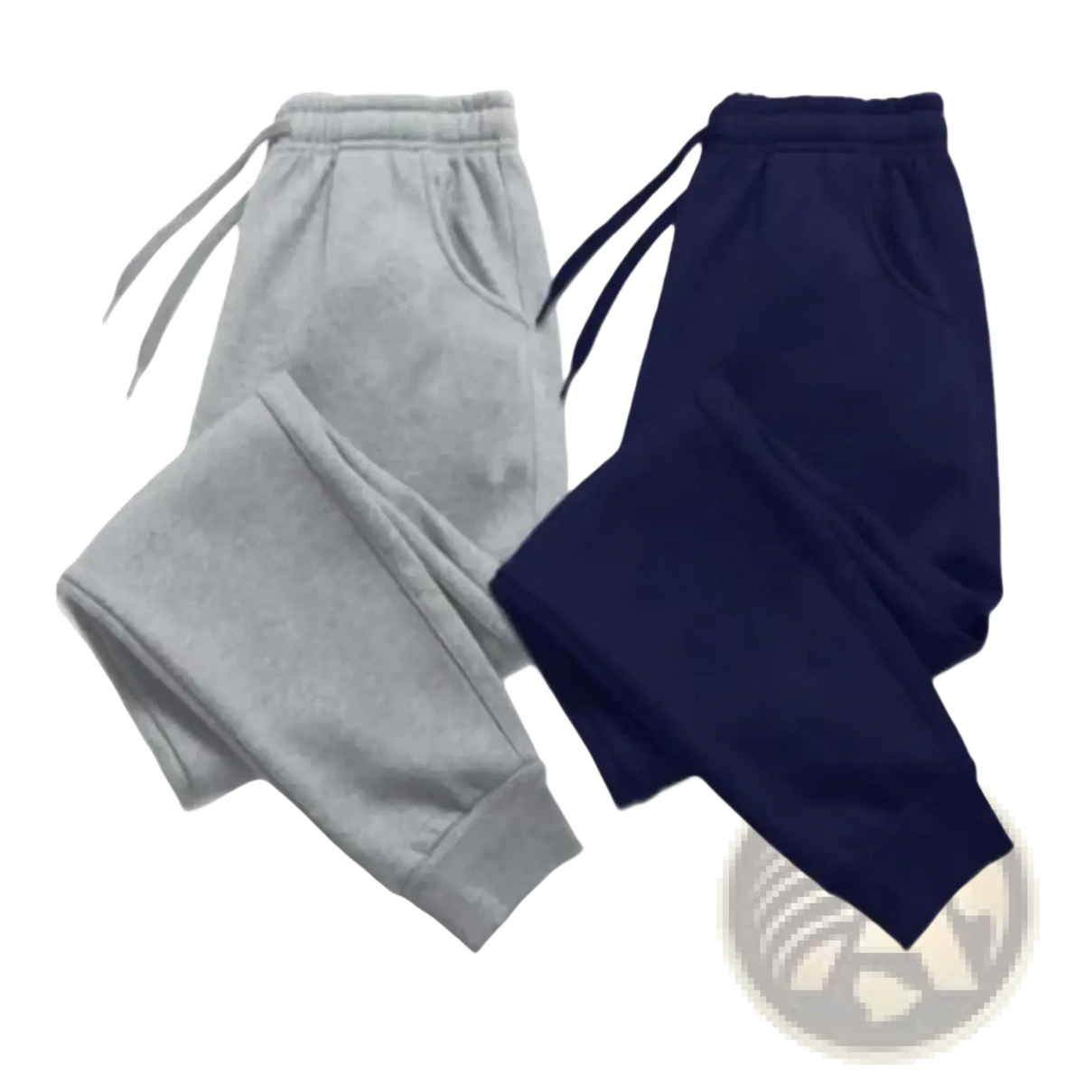 Mens fleece joggers casual winter sweatpants in gray and navy blue with elastic waistbands, drawstrings, pockets, and ribbed cuffs