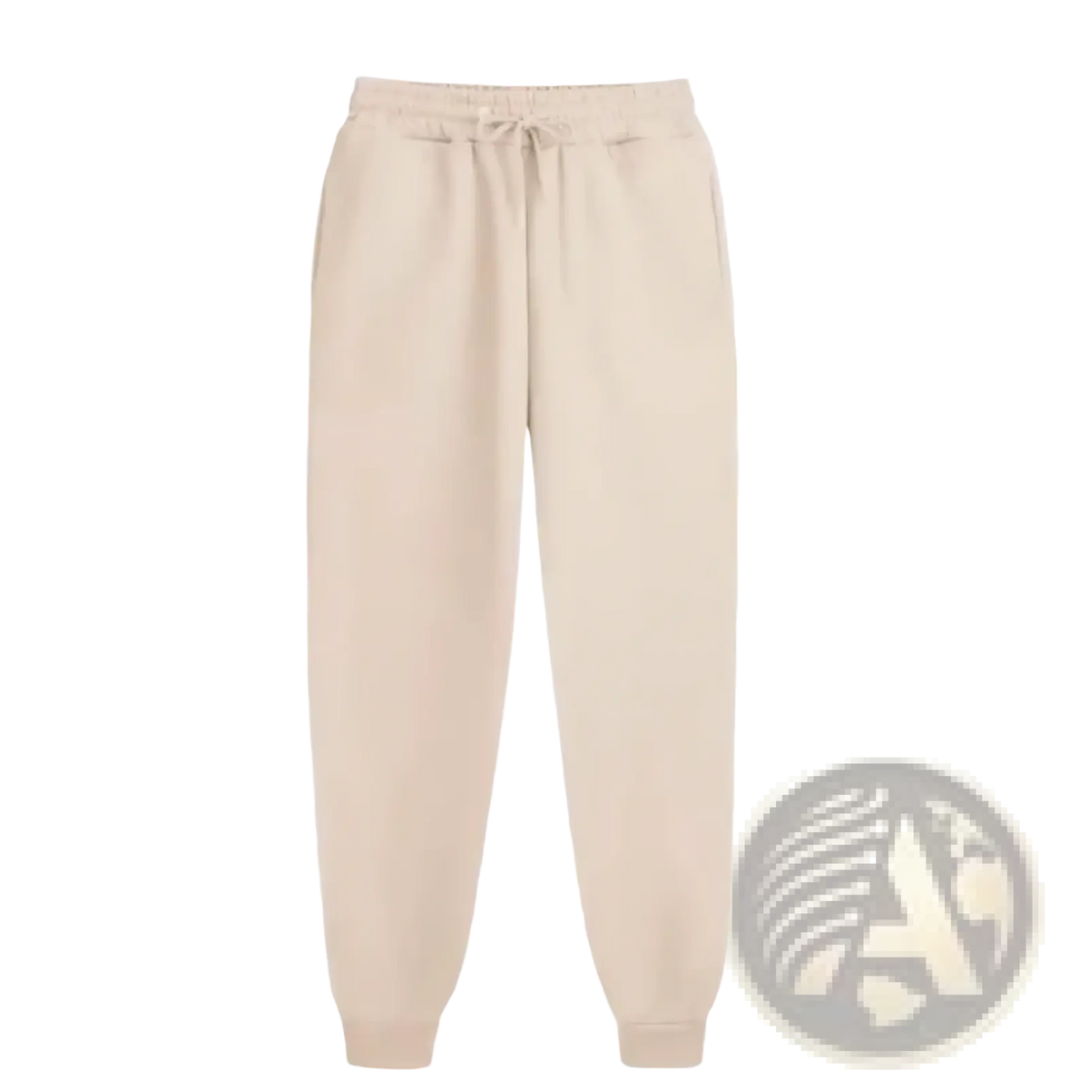 Beige mens fleece joggers with a drawstring waistband and elastic cuffs for casual winter wear