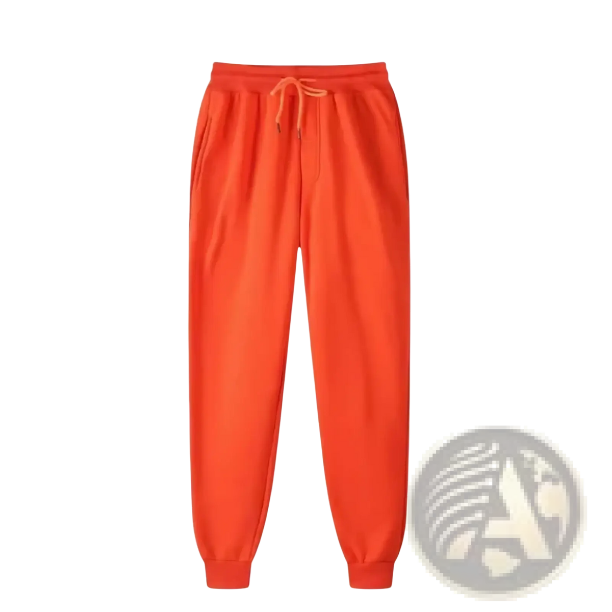 Bright orange mens fleece joggers with drawstring waistband and ribbed cuffs for casual winter wear