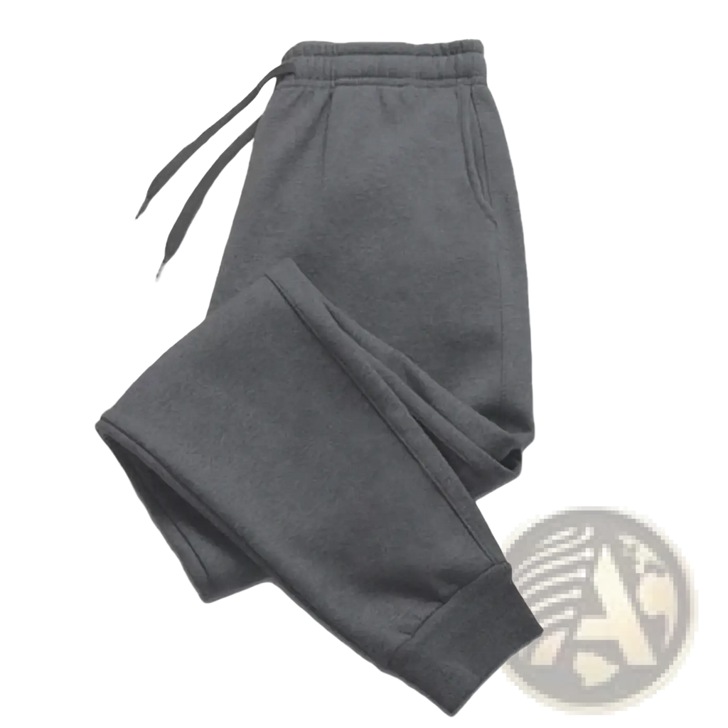 Mens fleece joggers casual winter sweatpants in dark gray with soft textured fabric and elastic waistband with drawstrings