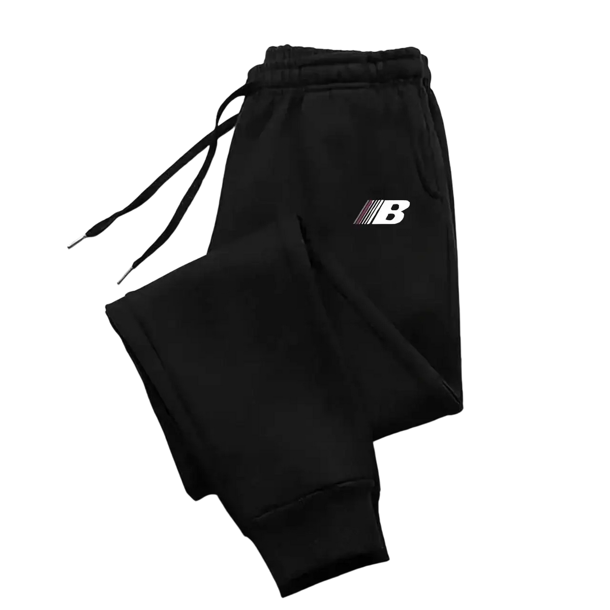Men’s black new balance fleece joggers with white logo on thigh lightweight training sweatpants