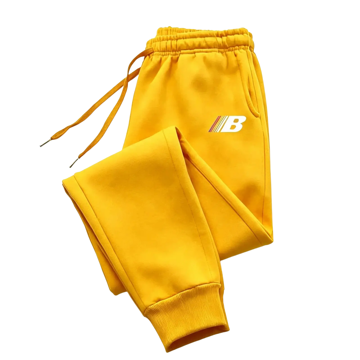 Men’s lightweight fleece joggers in bright yellow with elastic waistband and white orange logo on thigh