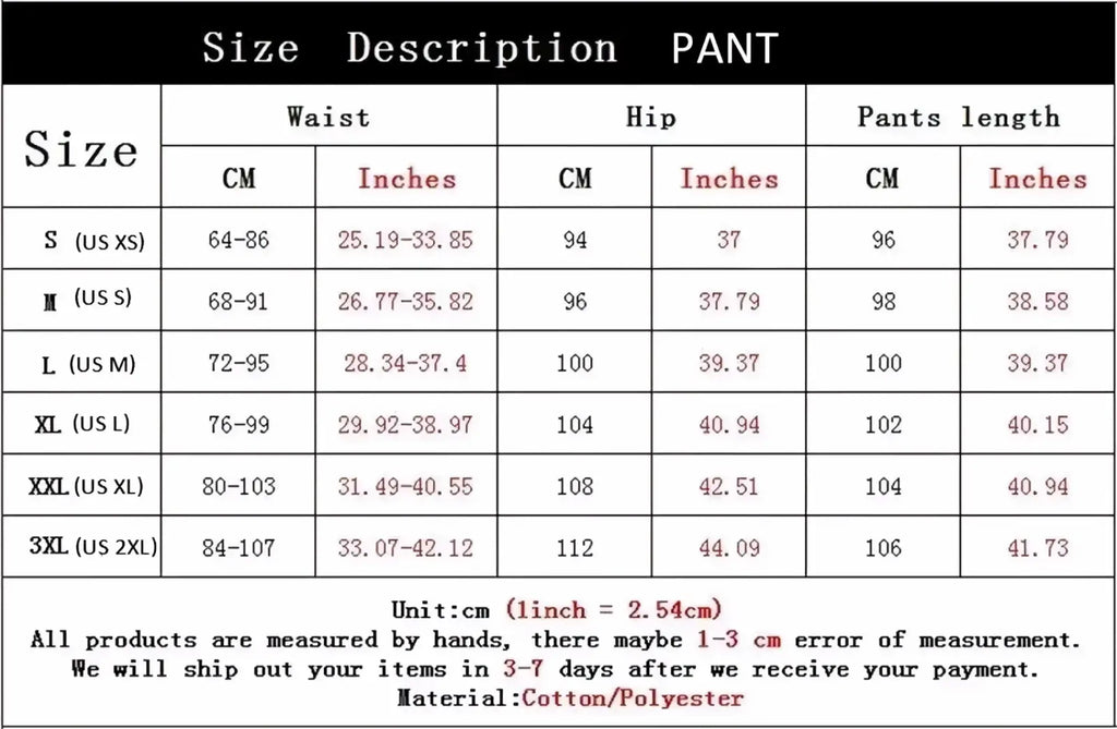 Men’s fleece joggers lightweight training sweatpants cotton polyester pants size chart in cm and inches s to 3xl