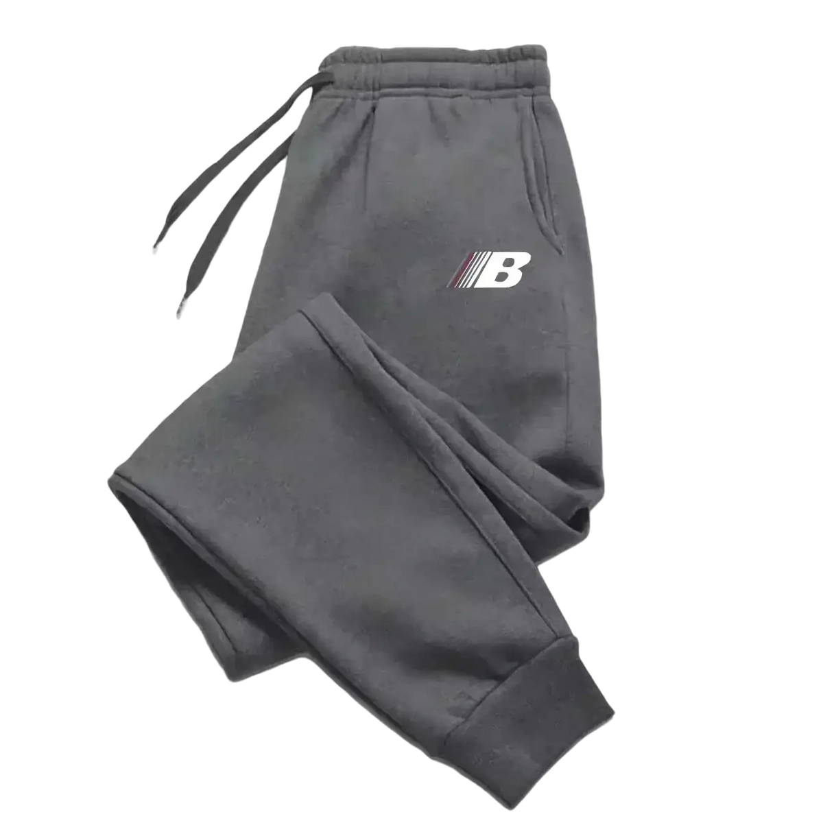 Men’s lightweight dark gray fleece joggers with elastic waistband drawstrings and white red logo on the thigh