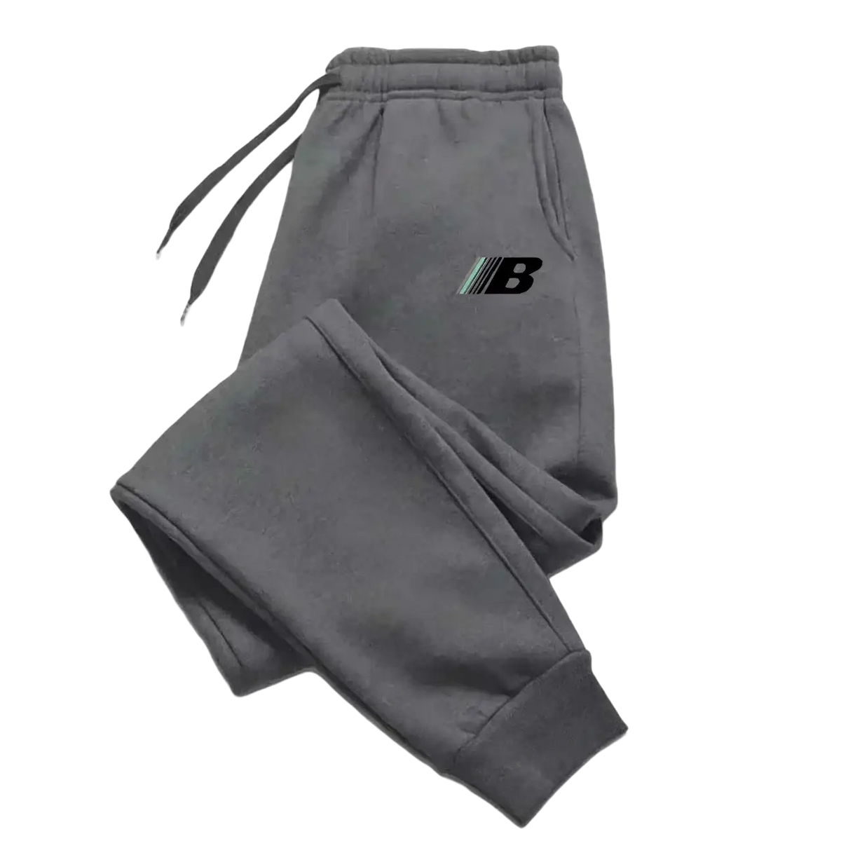 Men’s lightweight fleece joggers gray sweatpants with elastic waistband drawstrings and black teal logo on left thigh