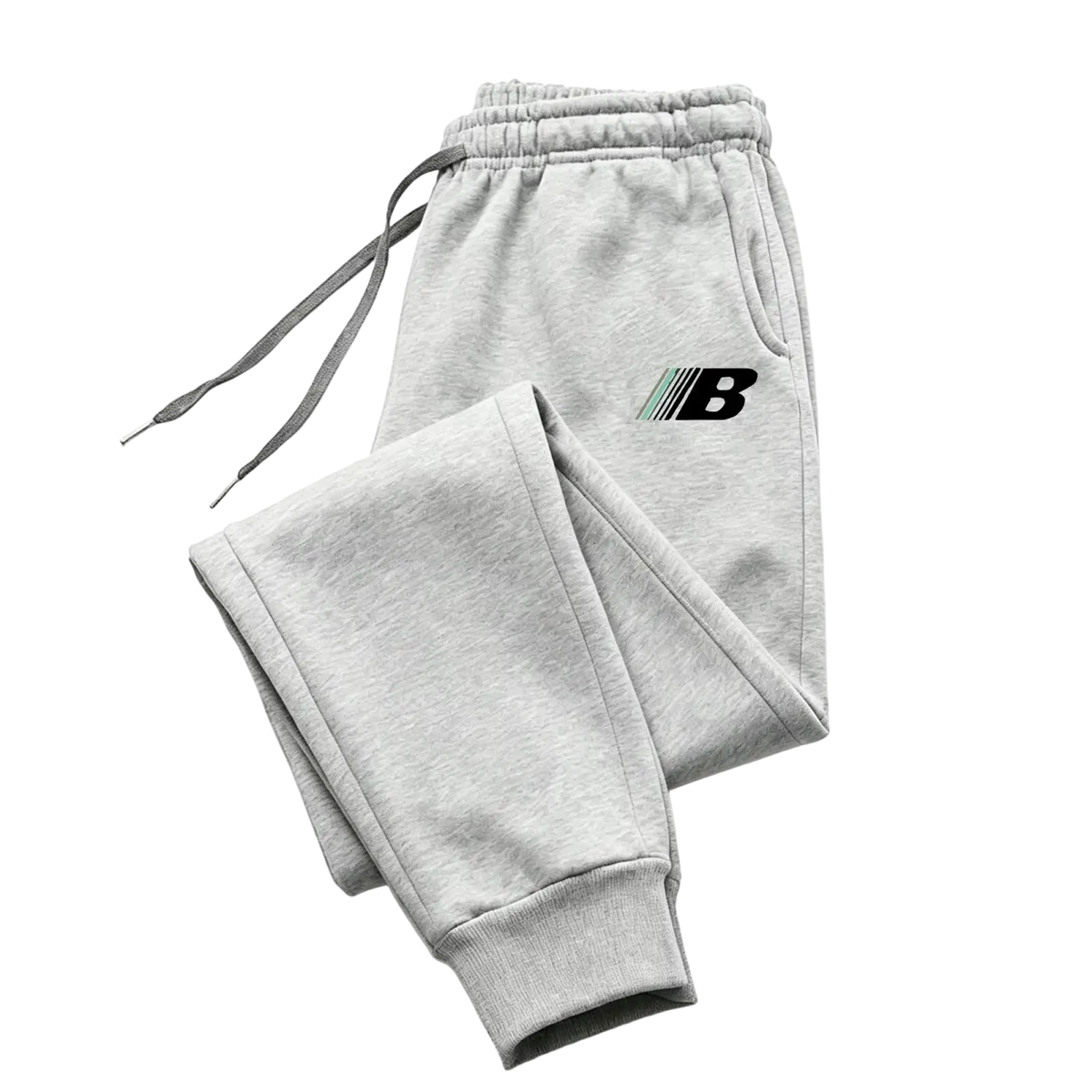 Men’s lightweight gray heathered fleece joggers with black and green striped b logo on the thigh for training