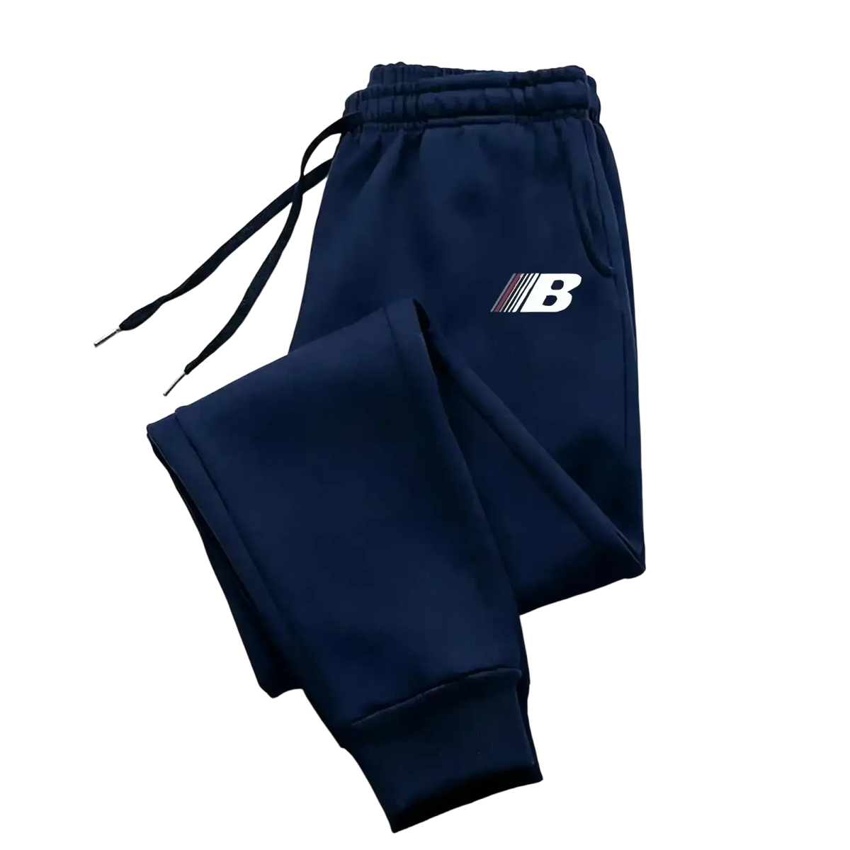 Navy blue New Balance men’s fleece joggers with white logo and black drawstrings lightweight training sweatpants