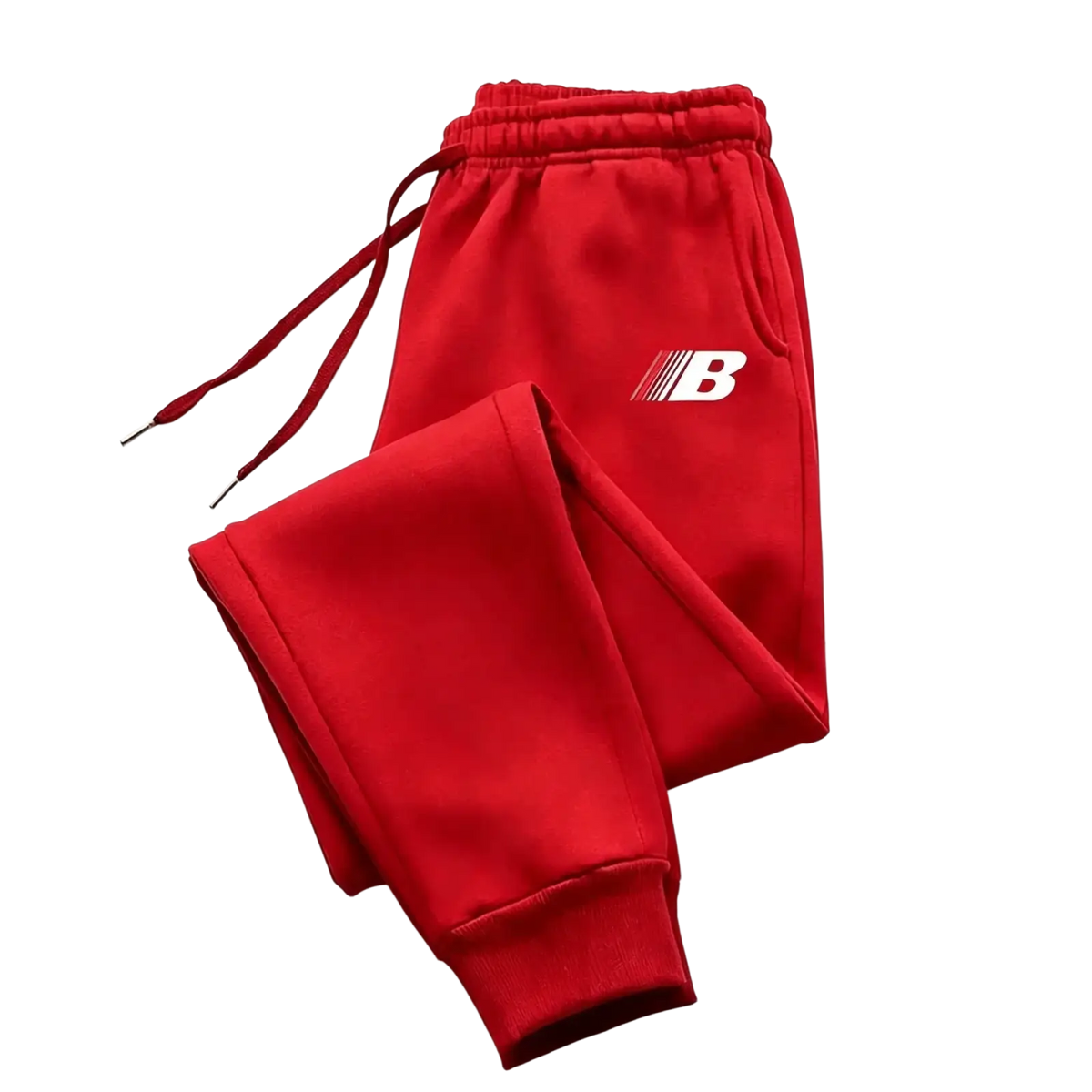 Men’s lightweight red fleece joggers with a white logo on the thigh and matching drawstrings for training use