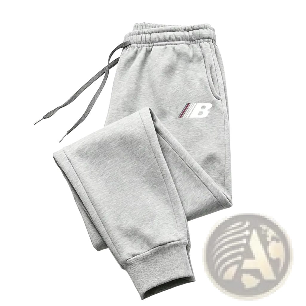 Men’s lightweight gray heathered fleece joggers sweatpants with white and maroon logo on the thigh for training