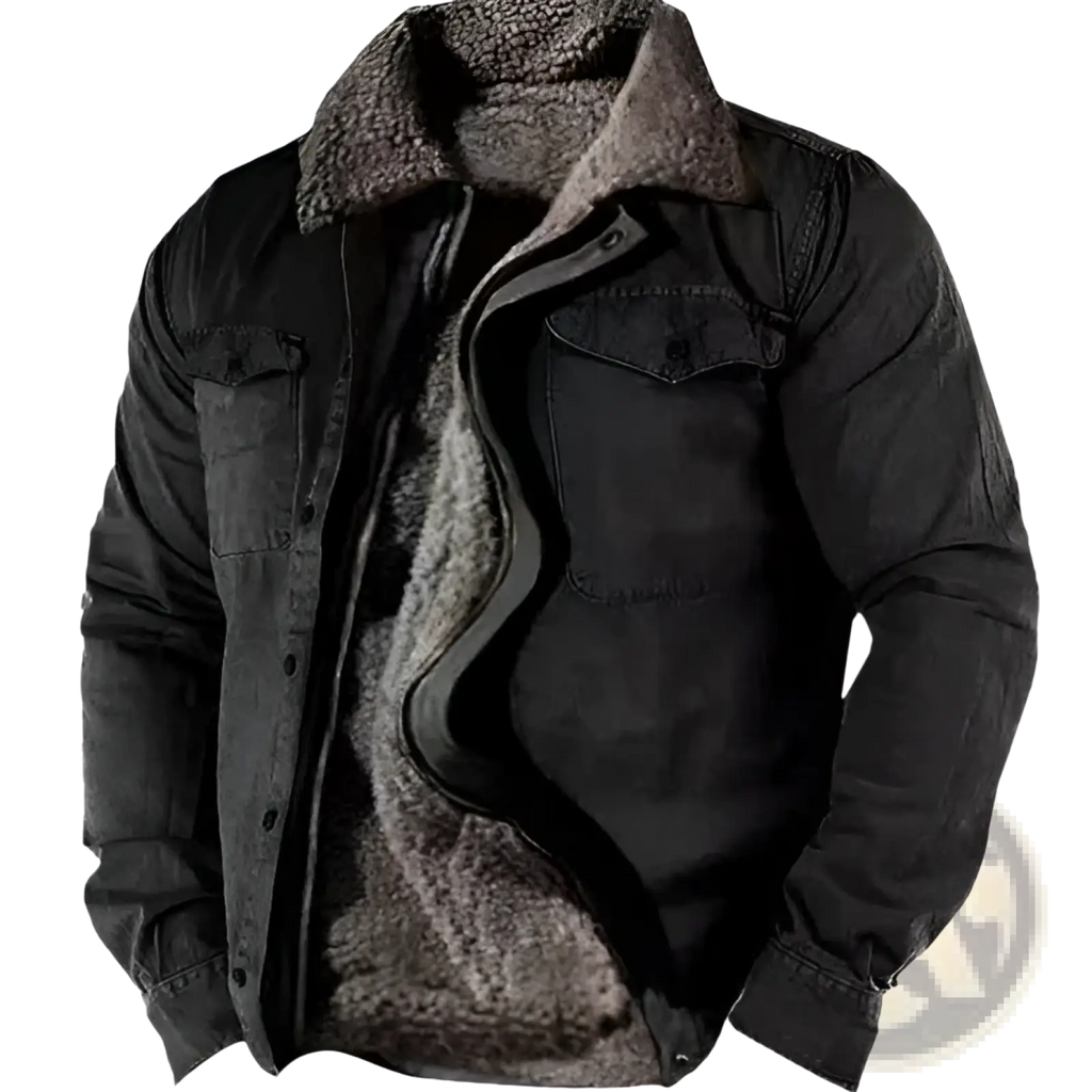Men’s fleece lined black denim jacket with plush gray shearling collar and lining front view