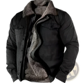 Men’s fleece lined black denim jacket with plush gray shearling collar and lining front view