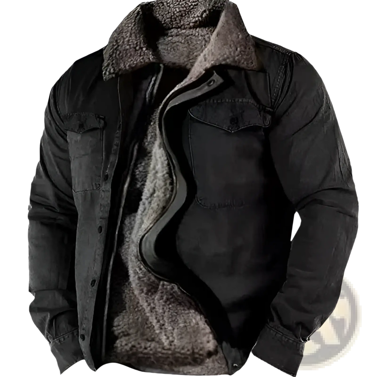 Men’s fleece lined black denim jacket with plush gray shearling collar and lining front view