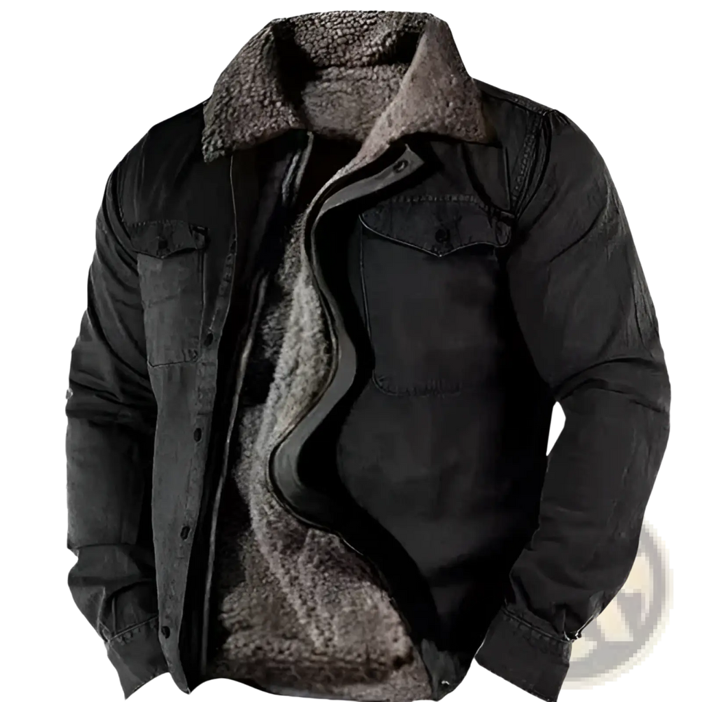 Men’s black denim jacket with plush gray shearling collar and fleece lining for warmth and style