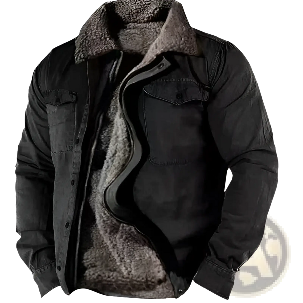Men’s fleece lined black denim jacket with plush gray shearling collar and lining for warmth and style